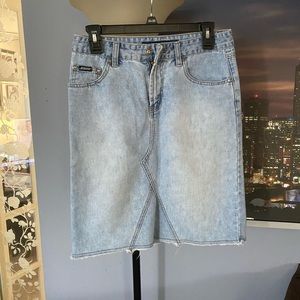 Vintage 80s Squeeze Denim Pencil Skirt Women Juniors 5/6 Blue Frayed Hem Retro